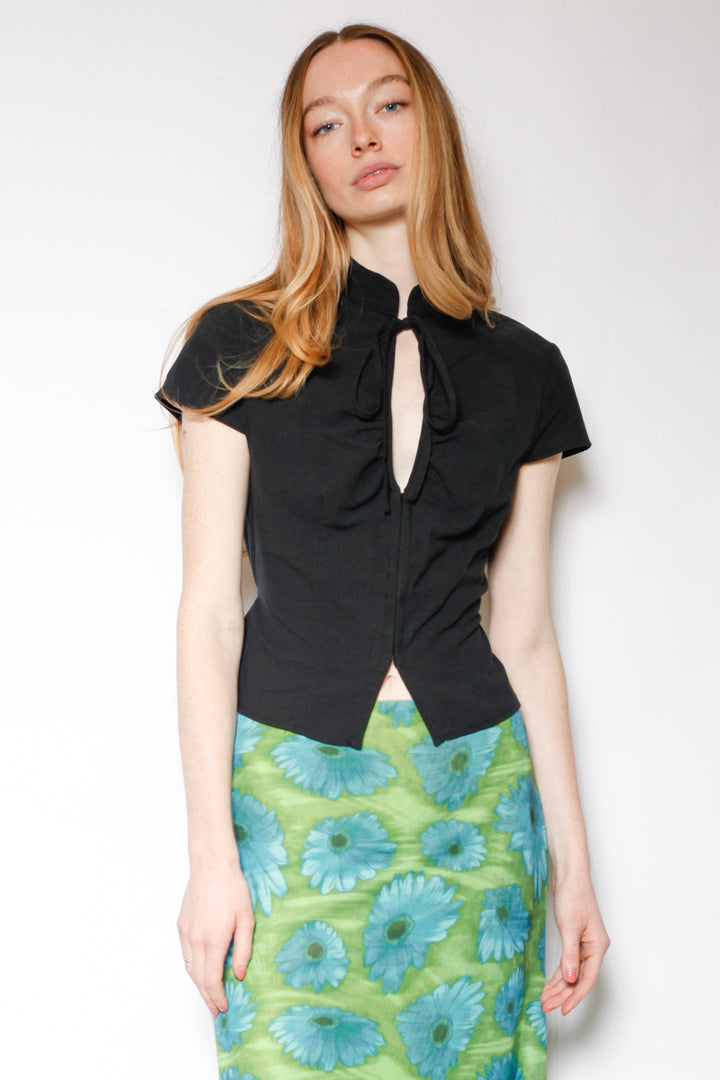 Cotton Black Tie Waist Mandarin Collar Top