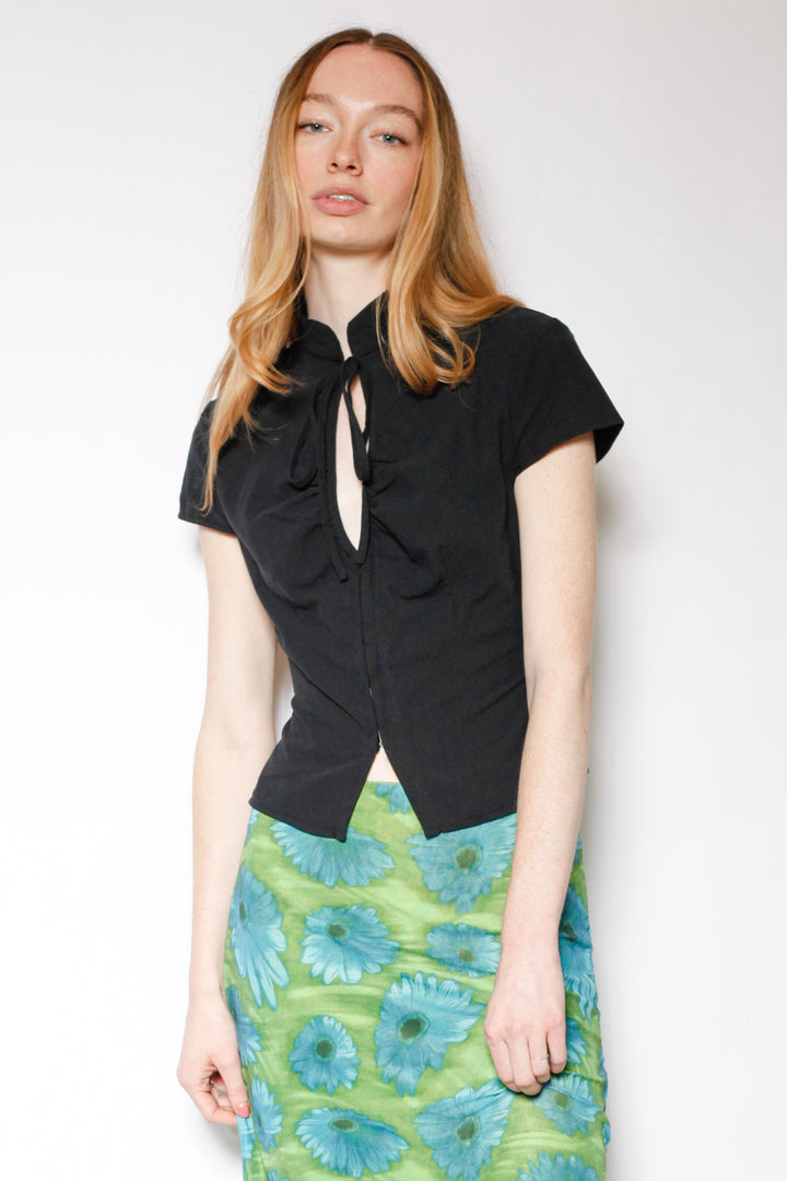 Cotton Black Tie Waist Mandarin Collar Top