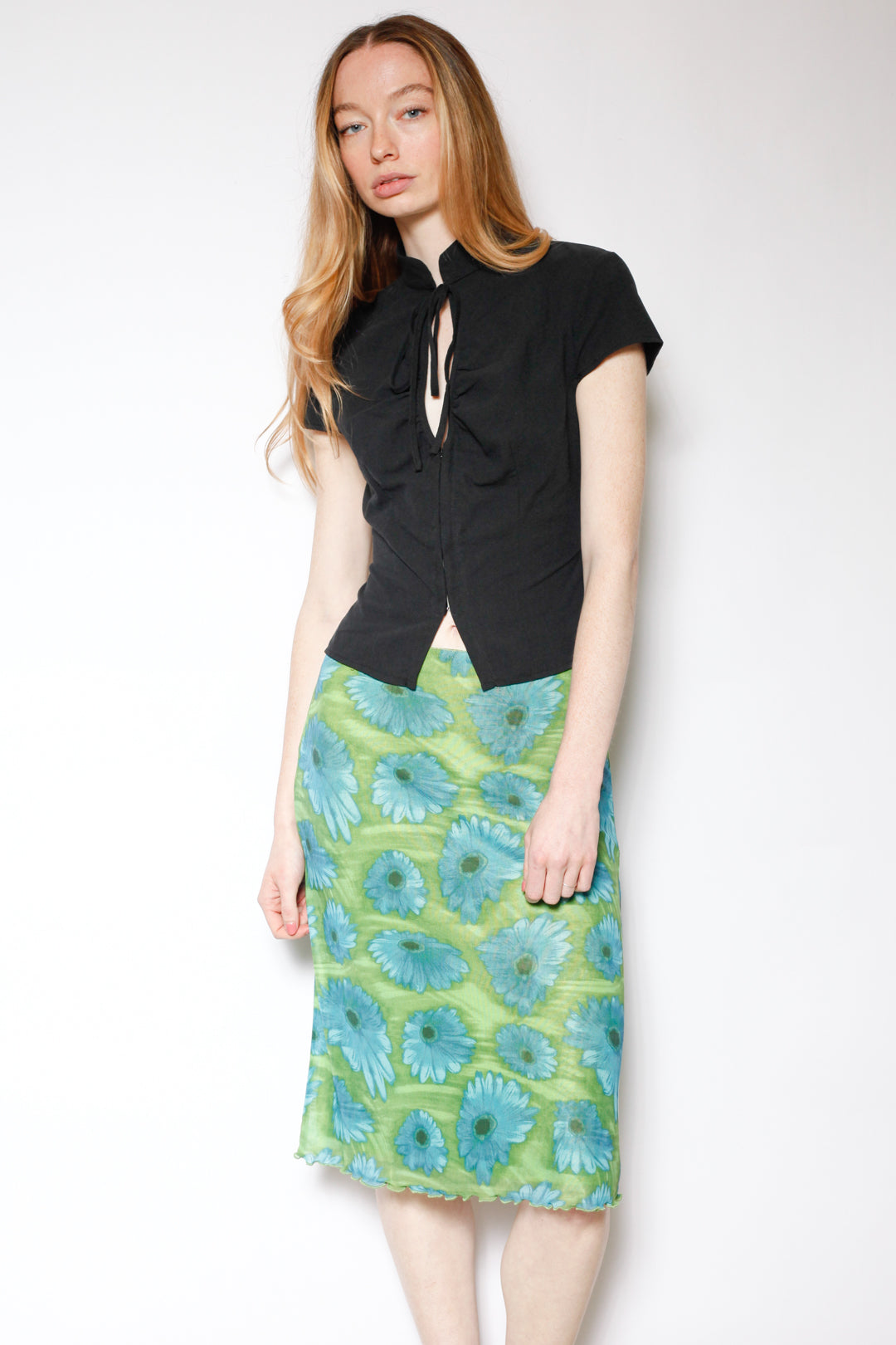 Cotton Black Tie Waist Mandarin Collar Top