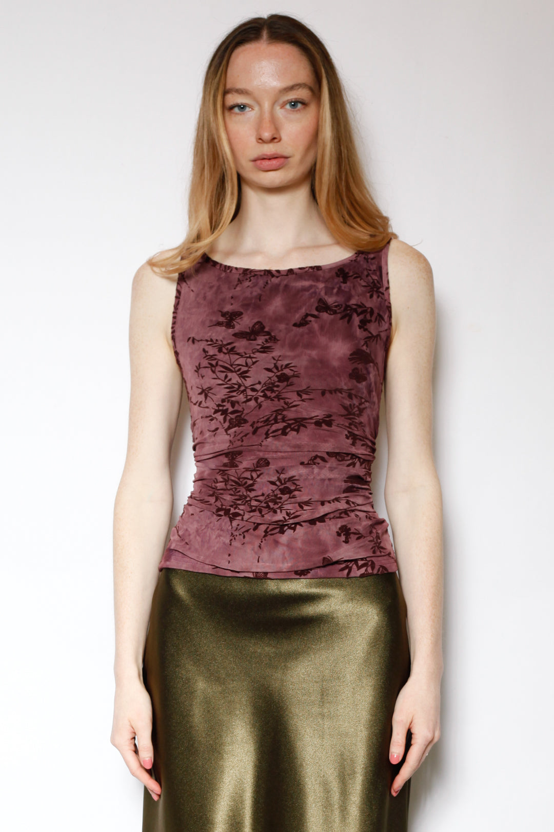 Cotton Mesh Burgundy Ruching Top