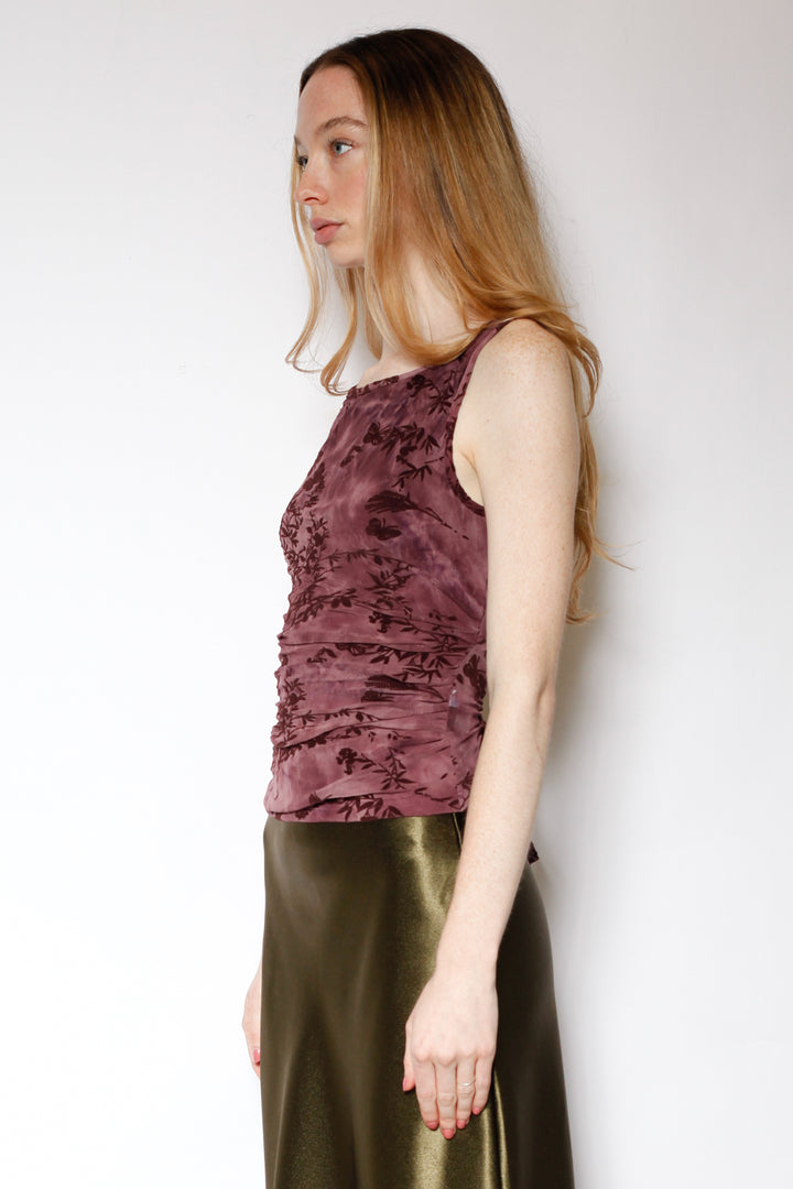 Cotton Mesh Burgundy Ruching Top