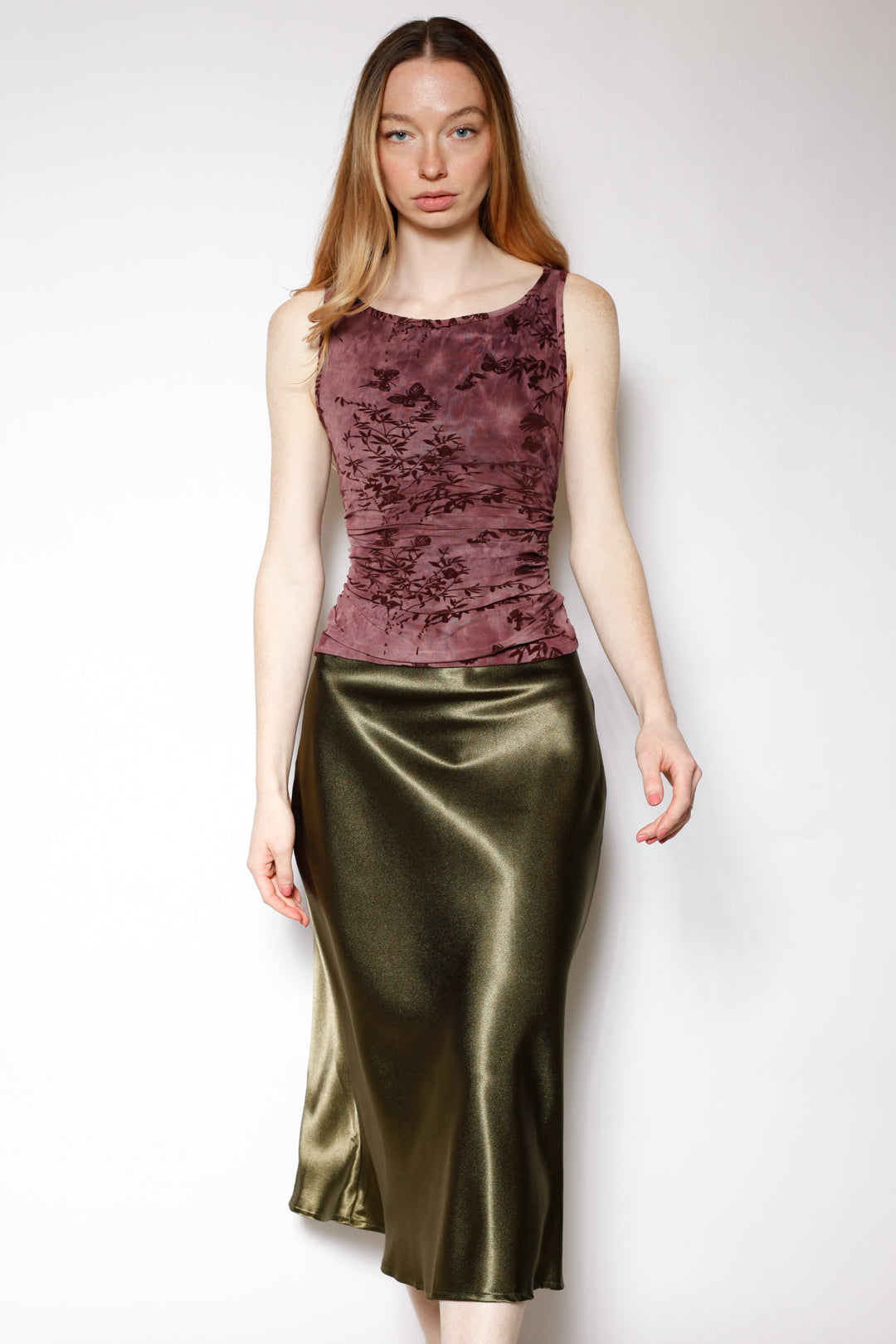 Cotton Mesh Burgundy Ruching Top