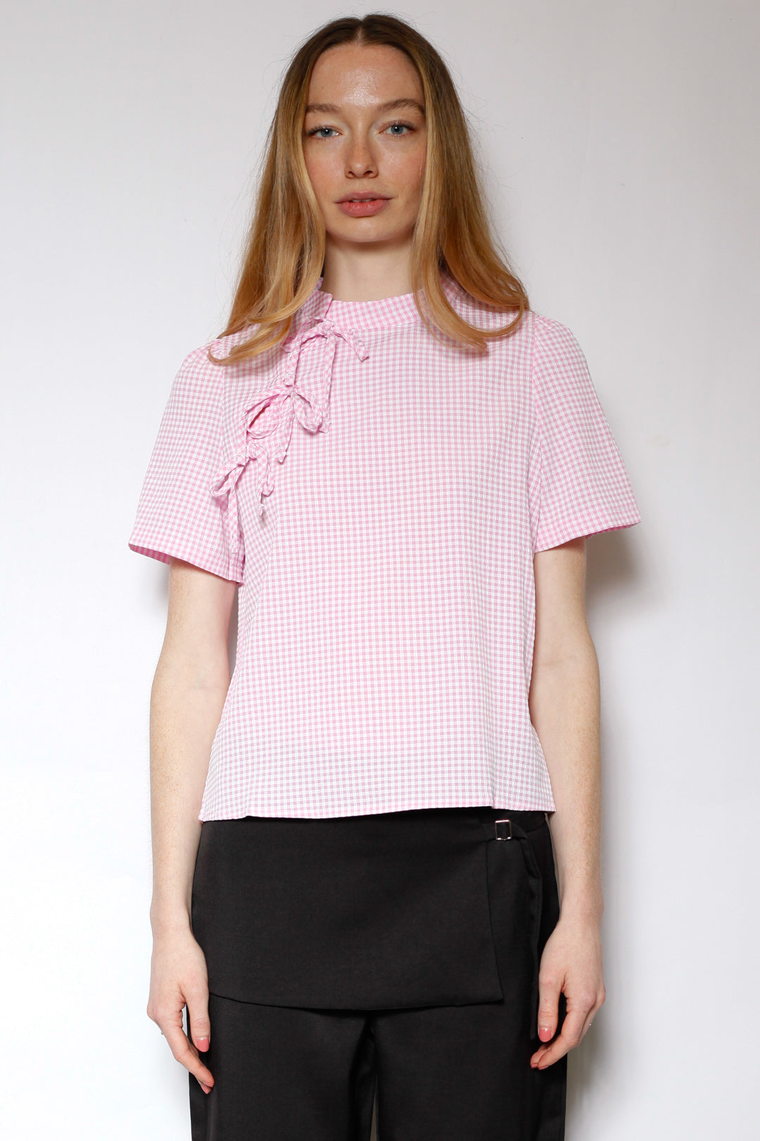 Cotton Poplin Pink Bow Tie Top