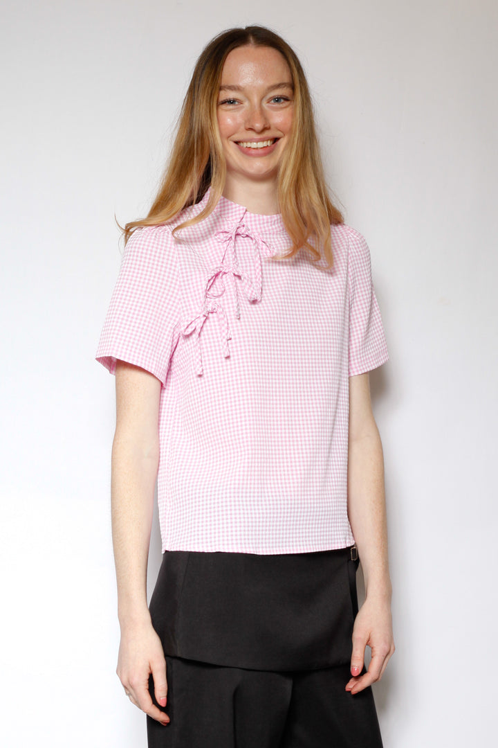 Cotton Poplin Pink Bow Tie Top