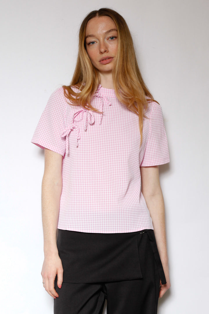 Cotton Poplin Pink Bow Tie Top