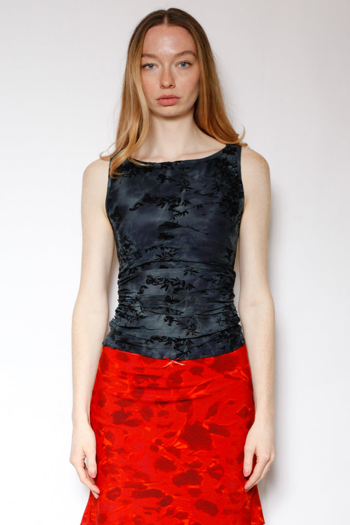 Cotton Mesh Navy Floral Ruching Top