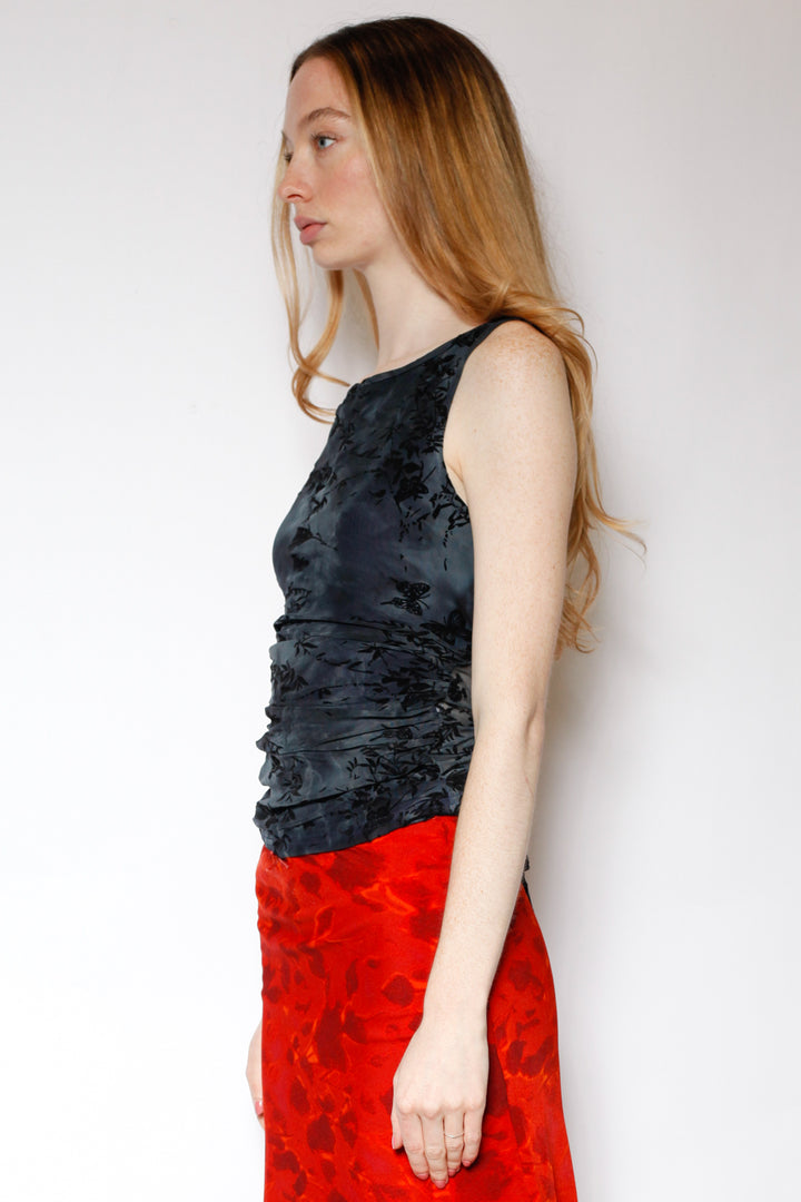 Cotton Mesh Navy Floral Ruching Top