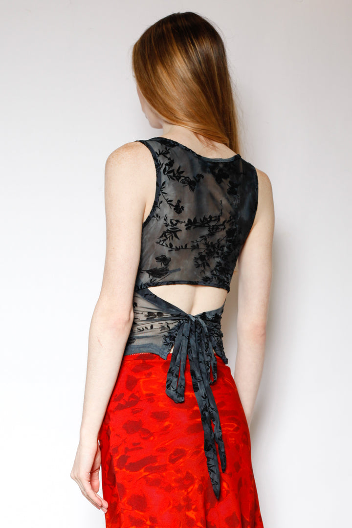 Cotton Mesh Navy Floral Ruching Top