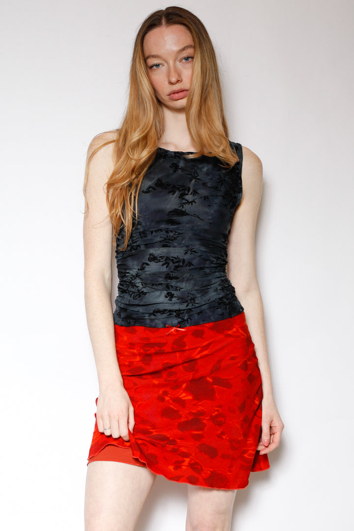 Cotton Mesh Navy Floral Ruching Top