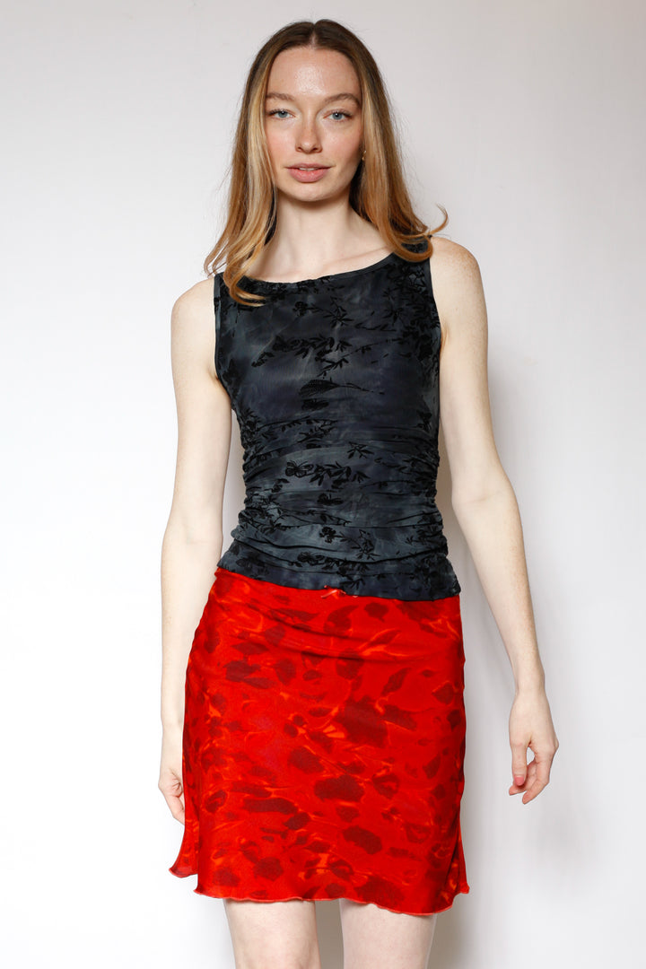 Cotton Mesh Navy Floral Ruching Top