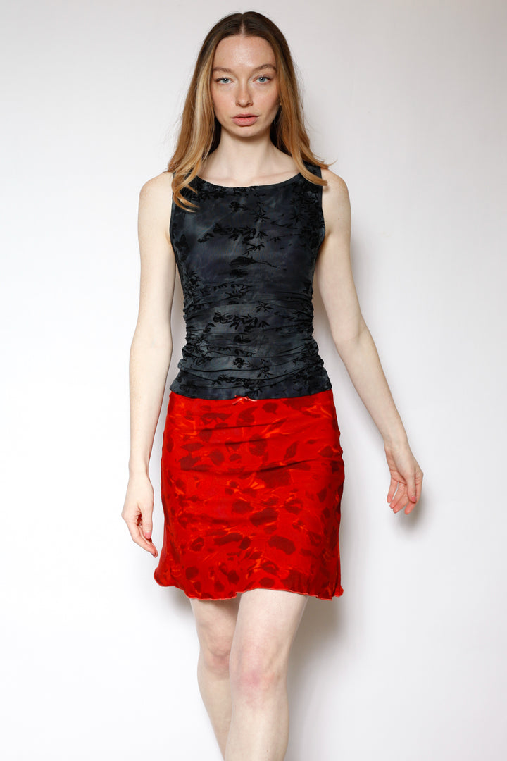 Cotton Mesh Navy Floral Ruching Top