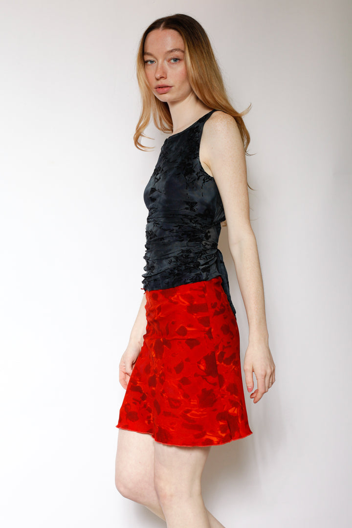 Cotton Mesh Navy Floral Ruching Top