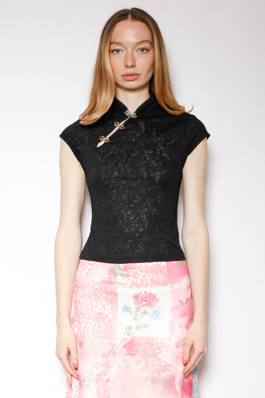Cotton Black Lace Qipao Top with Gold Knot