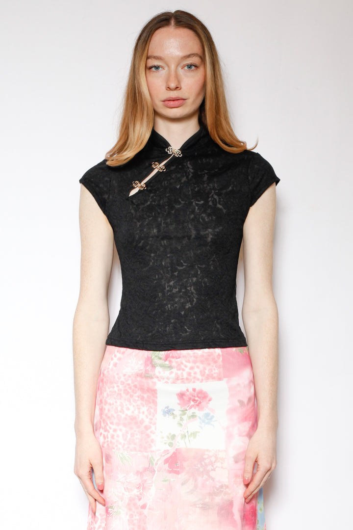 Cotton Black Lace Qipao Top with Gold Knot
