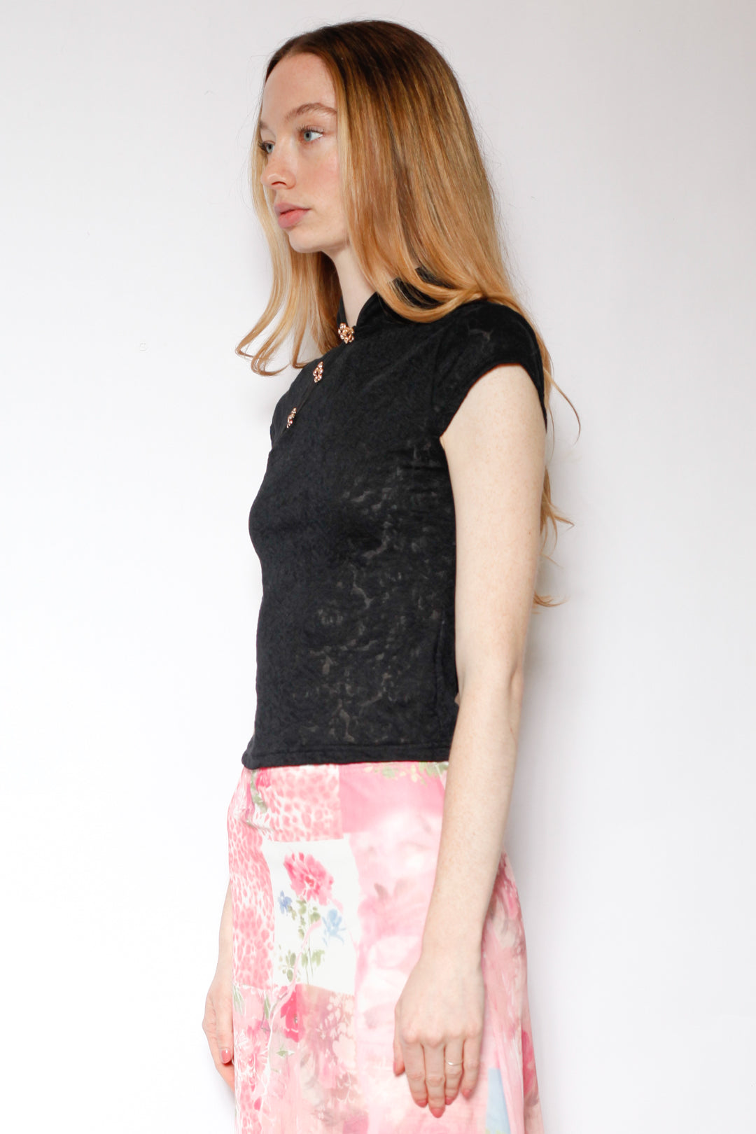 Cotton Black Lace Qipao Top with Gold Knot