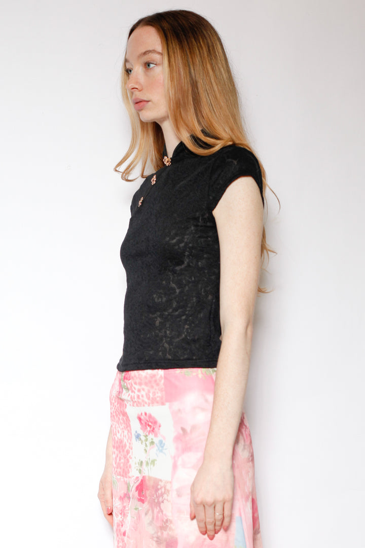 Cotton Black Lace Qipao Top with Gold Knot