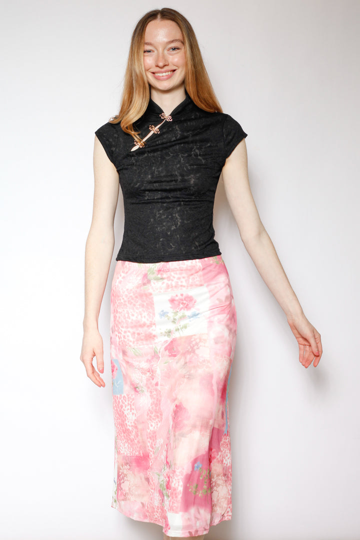 Cotton Black Lace Qipao Top with Gold Knot