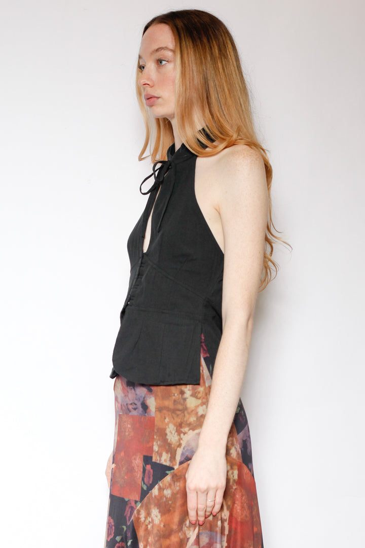 Cotton Black Qipao Corset Halter Top