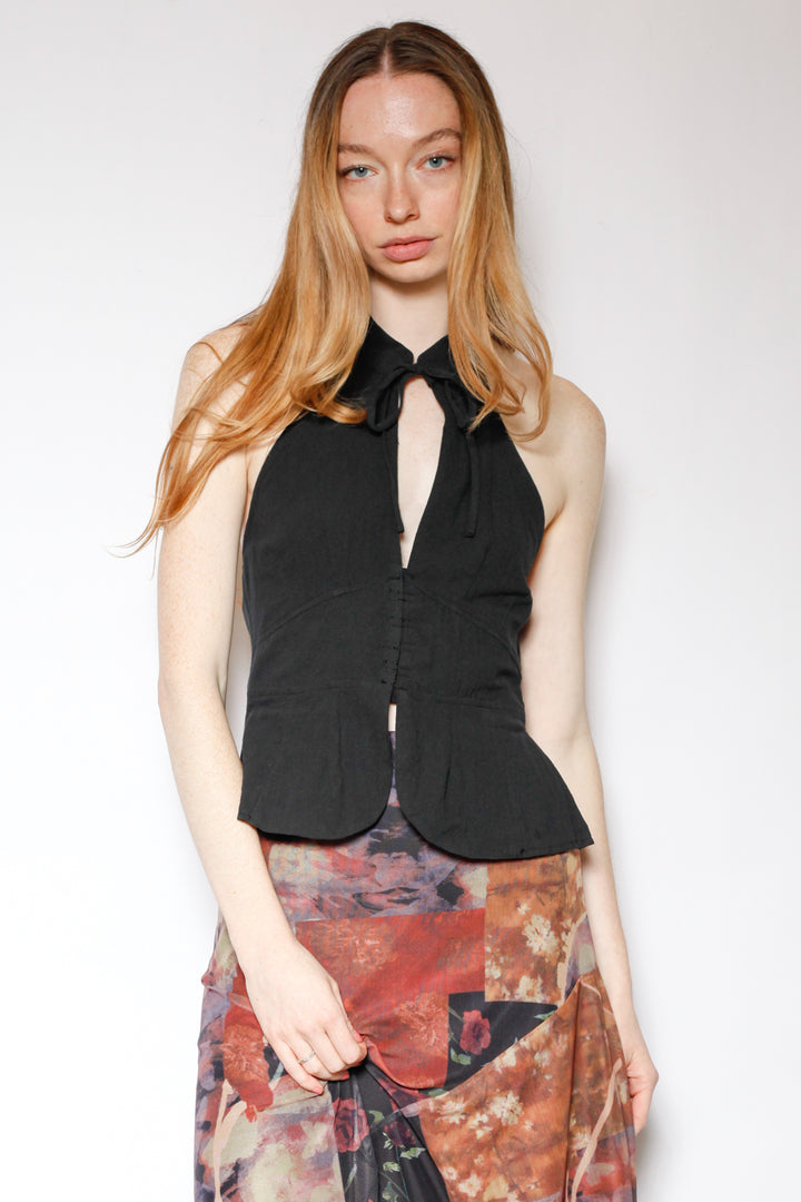 Cotton Black Qipao Corset Halter Top