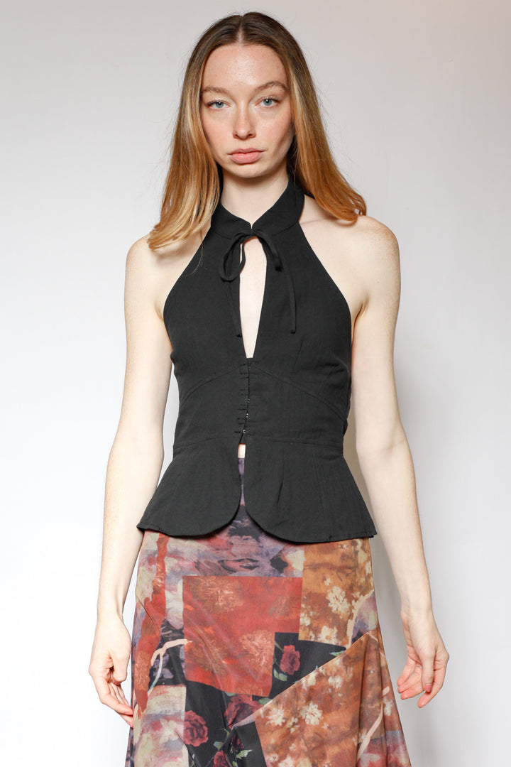 Cotton Black Qipao Corset Halter Top