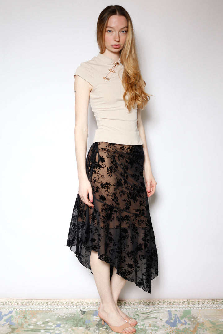 Cotton Cream Qipao Ribbed Top with Gold Knot