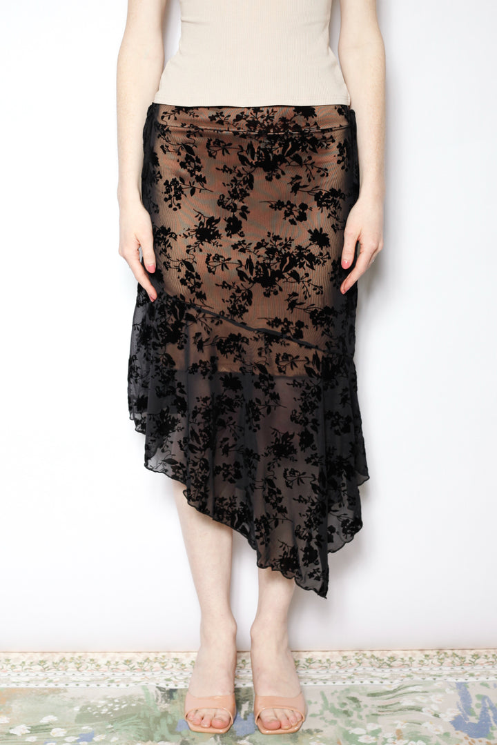 Cotton Mesh Black Floral Asymmetrical Skirt