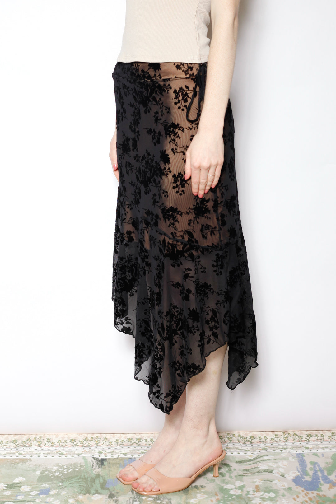 Cotton Mesh Black Floral Asymmetrical Skirt