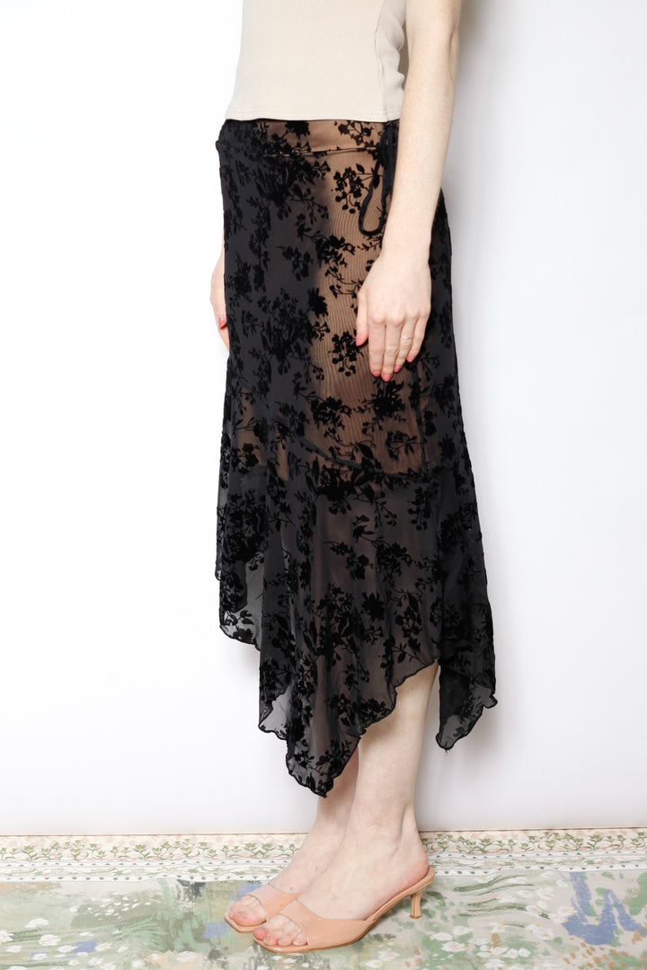 Cotton Mesh Black Floral Asymmetrical Skirt