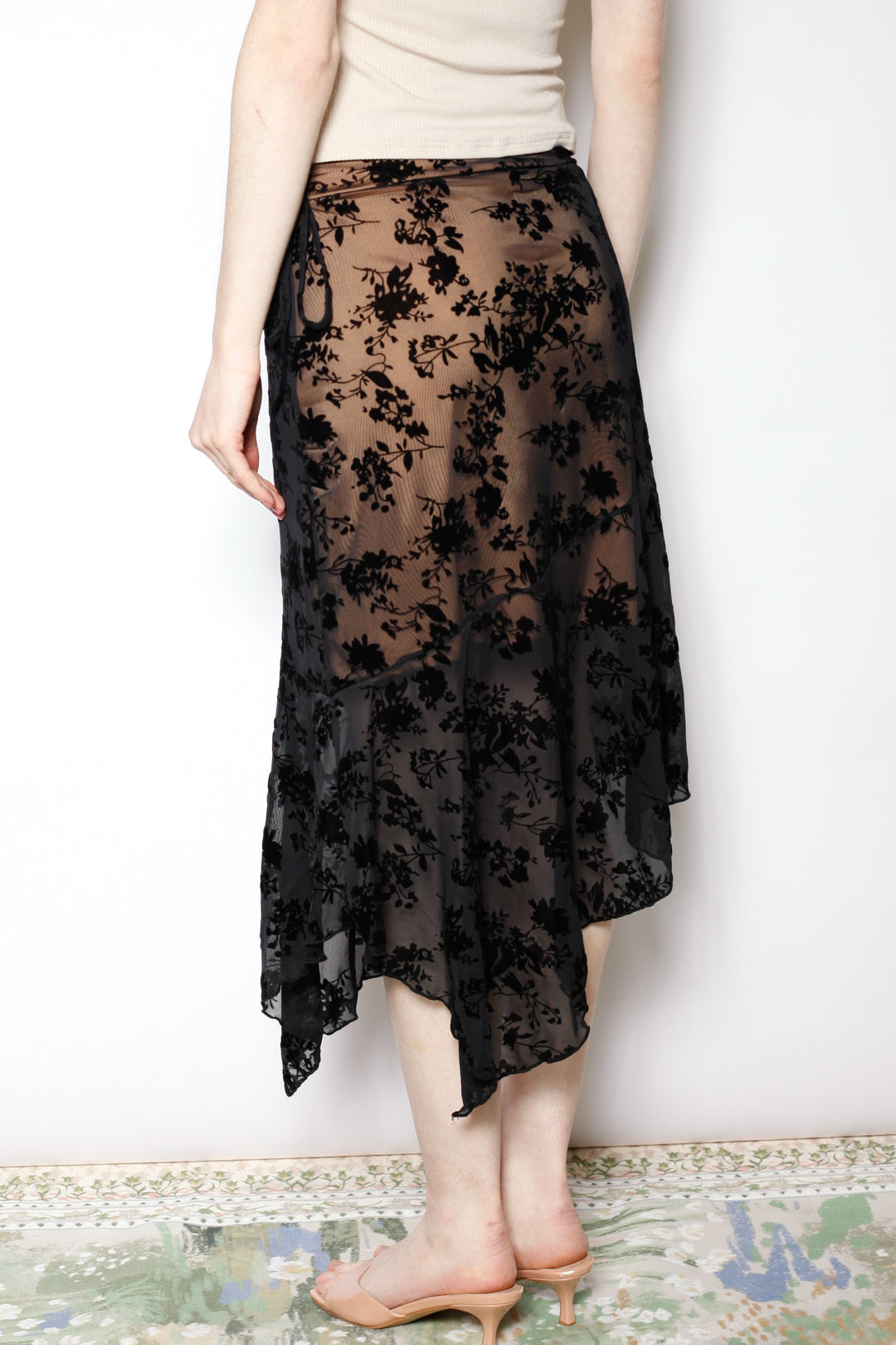 Cotton Mesh Black Floral Asymmetrical Skirt