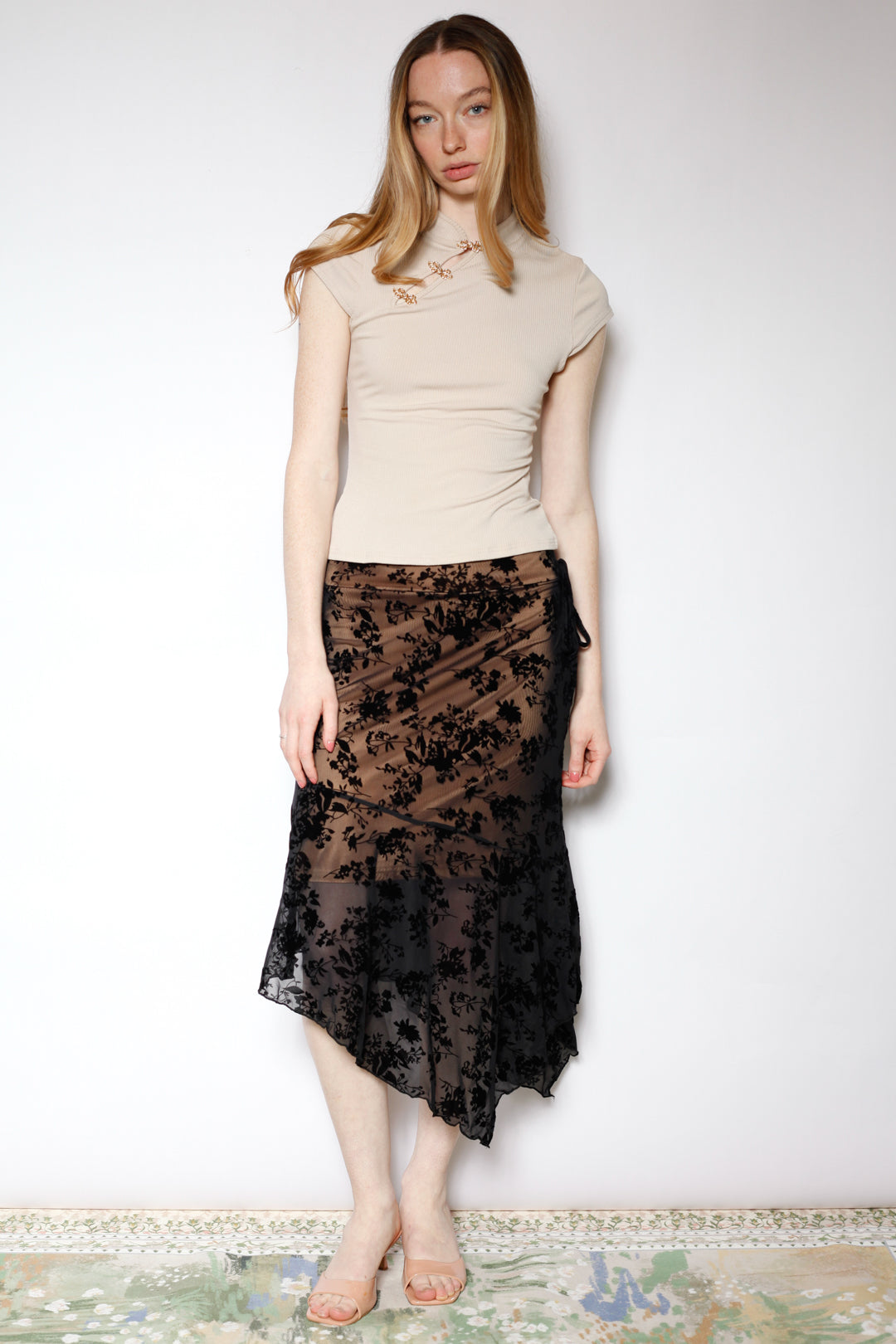 Cotton Mesh Black Floral Asymmetrical Skirt