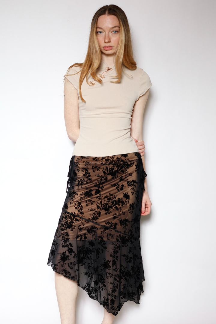 Cotton Mesh Black Floral Asymmetrical Skirt