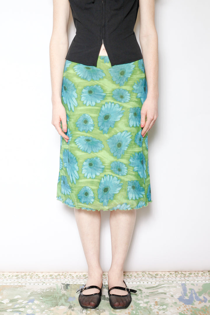 Cotton Mesh Green Floral Skirt