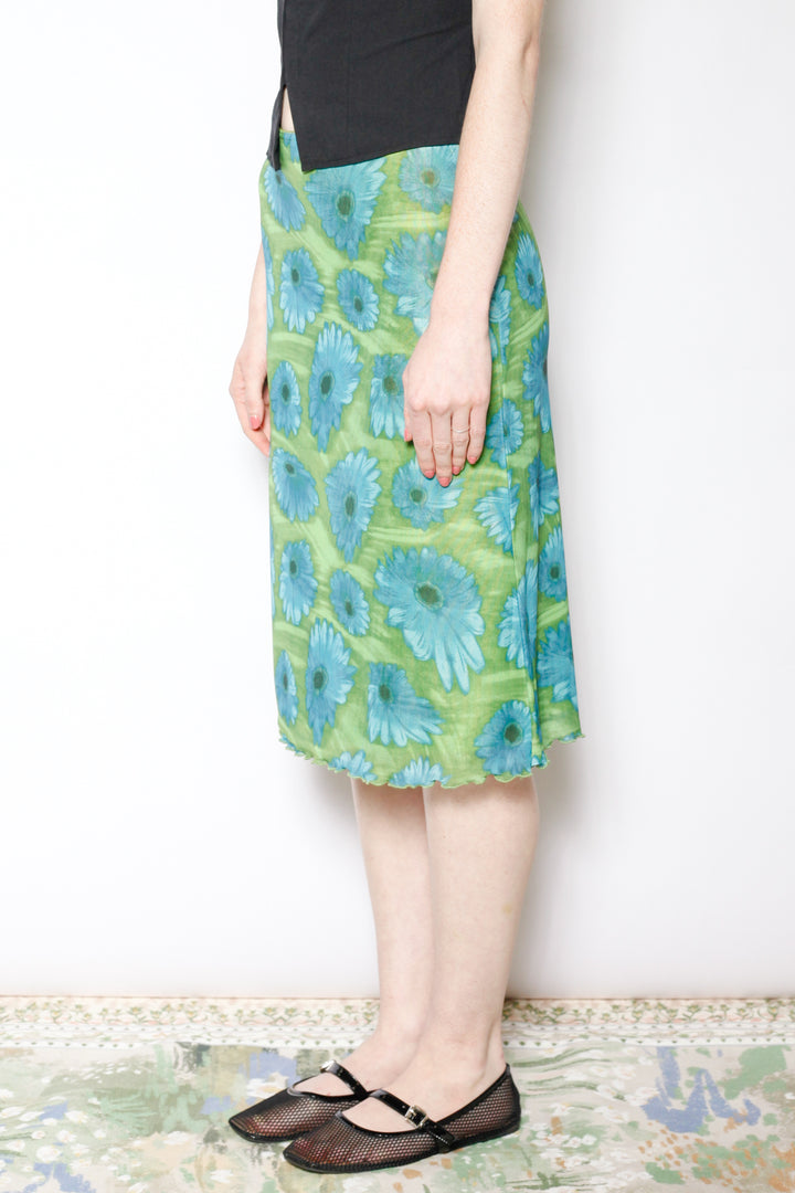 Cotton Mesh Green Floral Skirt