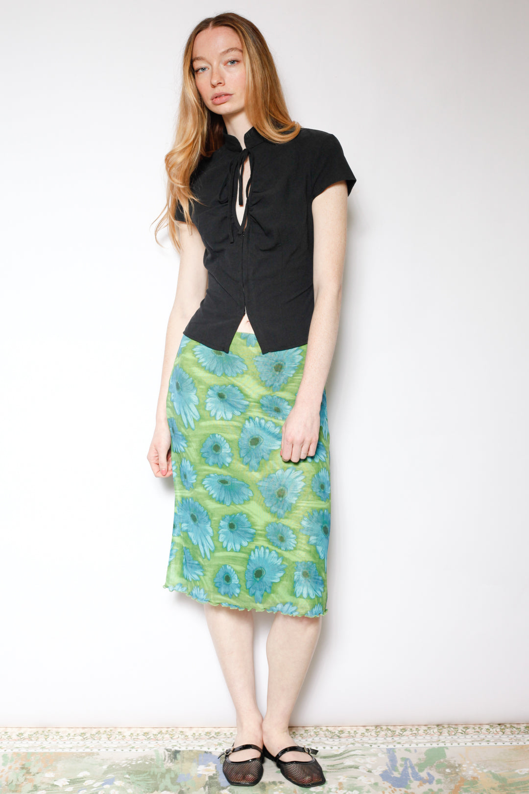 Cotton Mesh Green Floral Skirt