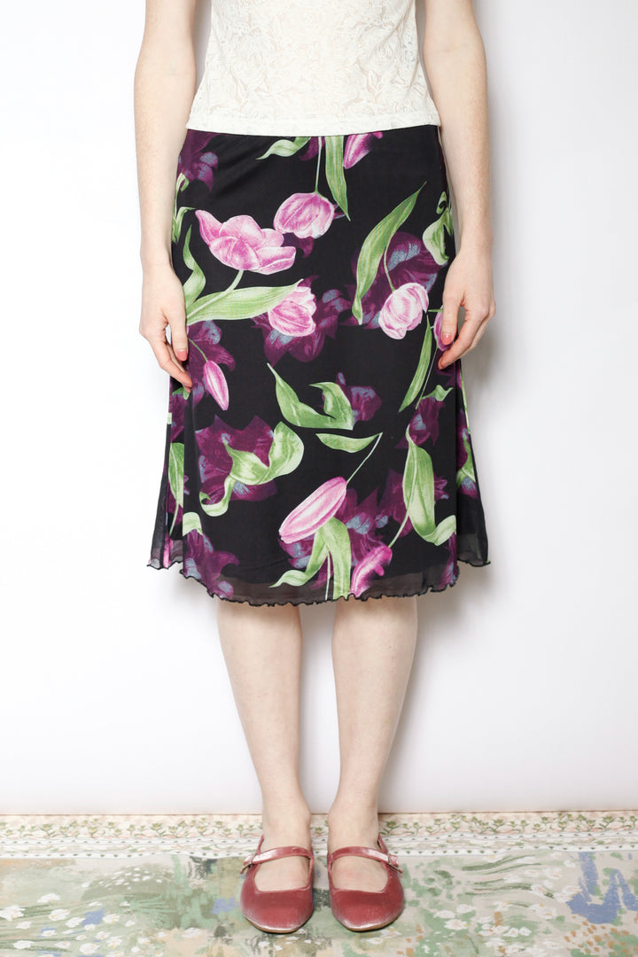 Cotton Mesh Black Floral Skirt