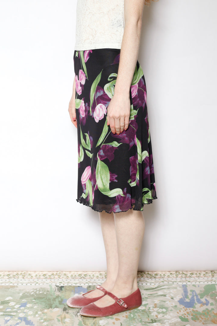 Cotton Mesh Black Floral Skirt