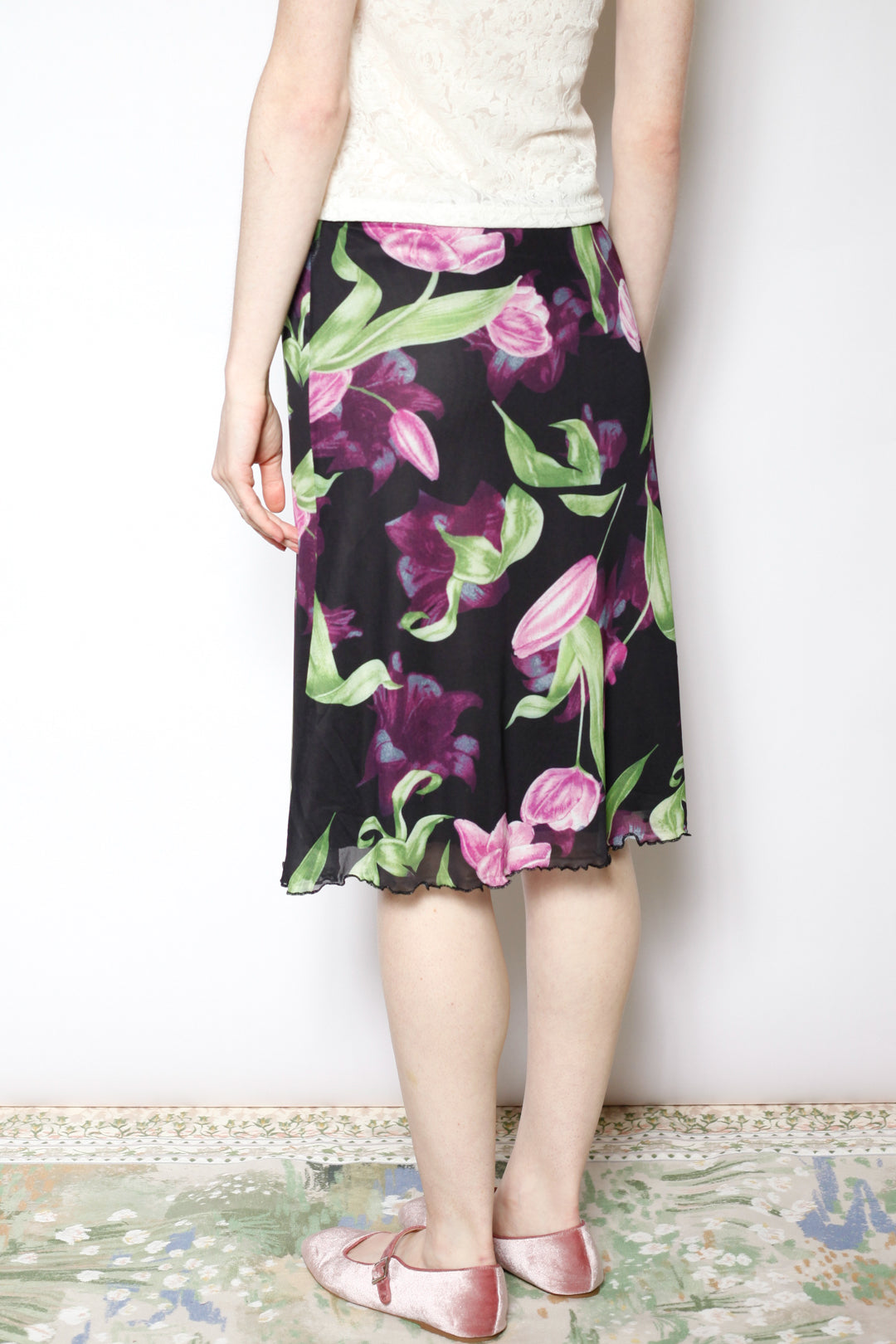 Cotton Mesh Black Floral Skirt