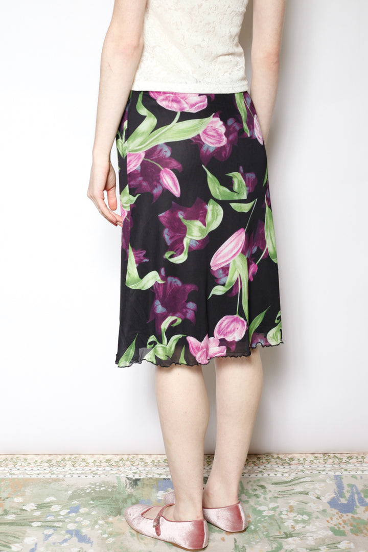 Cotton Mesh Black Floral Skirt