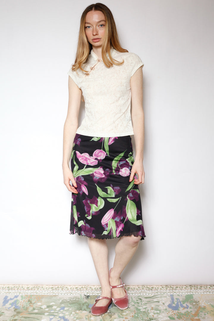 Cotton Mesh Black Floral Skirt