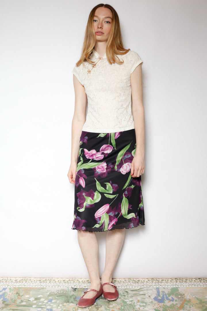 Cotton Mesh Black Floral Skirt