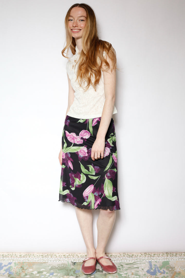 Cotton Mesh Black Floral Skirt