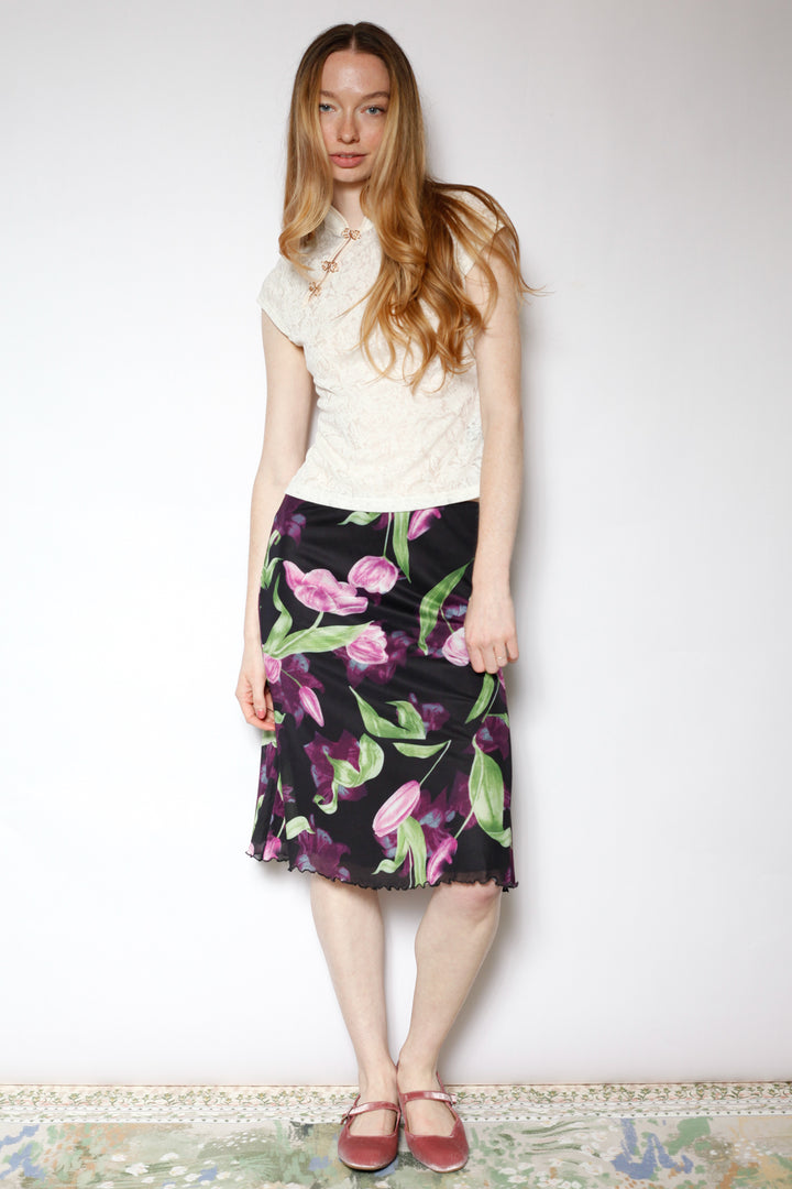 Cotton Mesh Black Floral Skirt