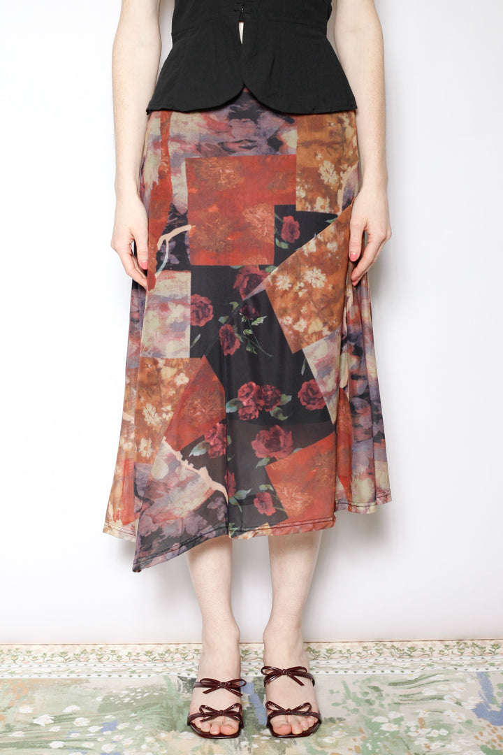 Cotton Mesh Asymmetrical Printed Skirt
