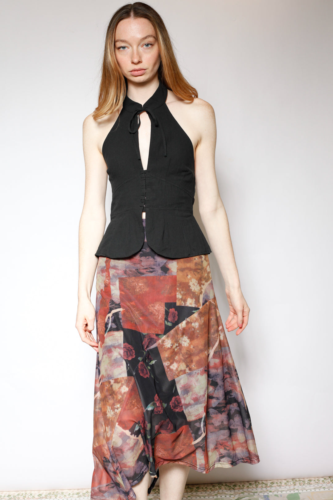Cotton Mesh Asymmetrical Printed Skirt
