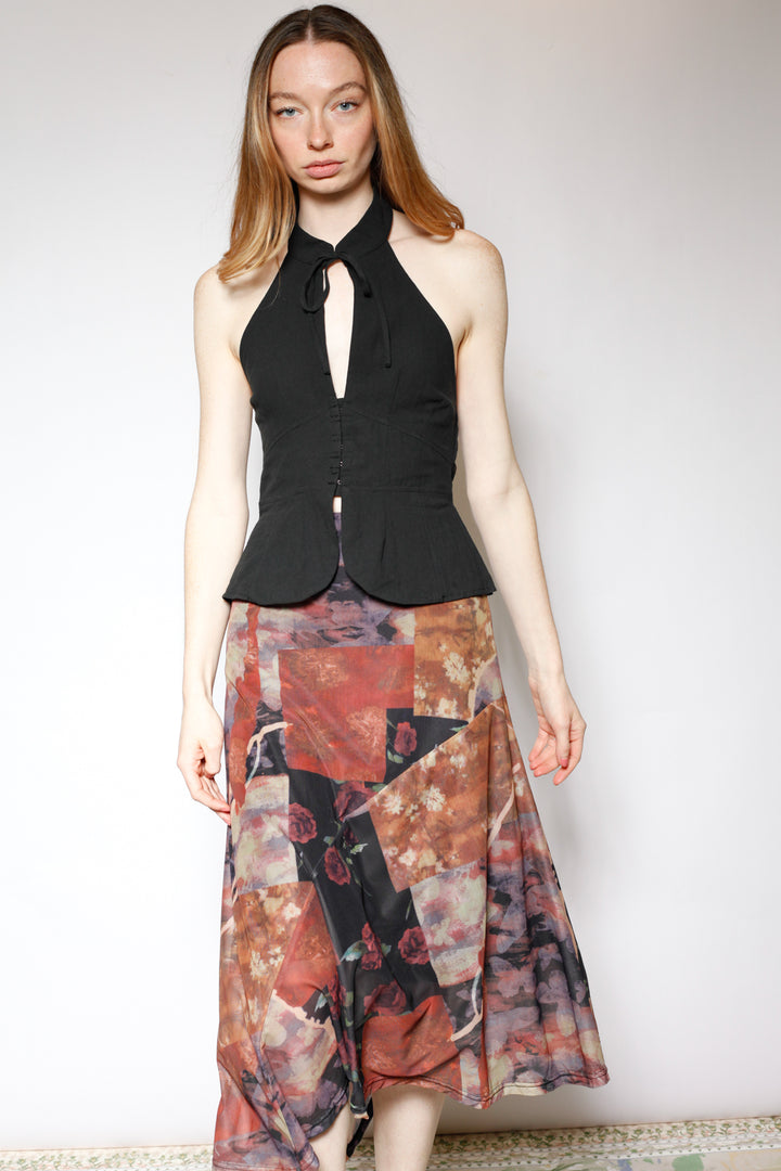 Cotton Mesh Asymmetrical Printed Skirt