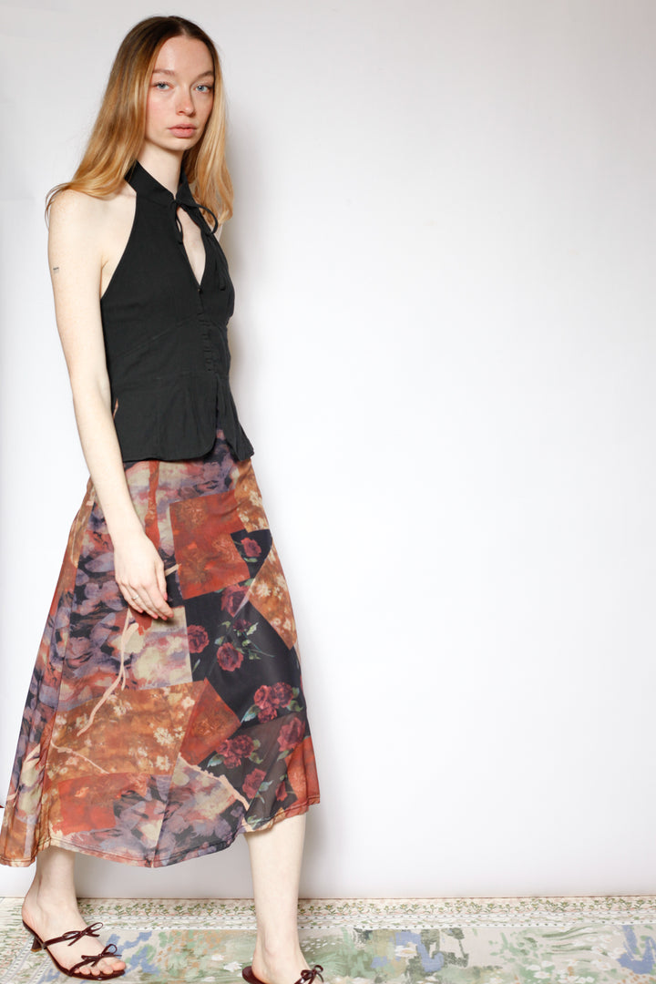Cotton Mesh Asymmetrical Printed Skirt