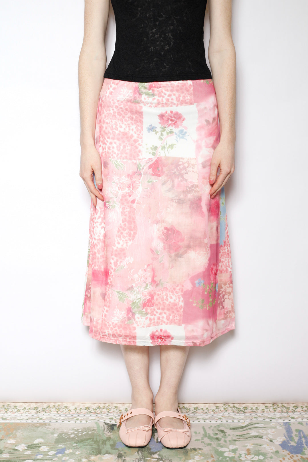 Cotton Mesh Collage Floral Midi Skirt