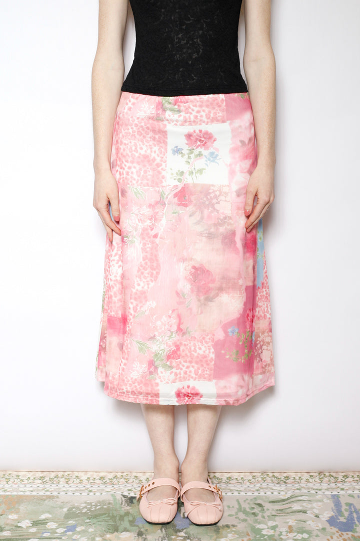 Cotton Mesh Collage Floral Midi Skirt