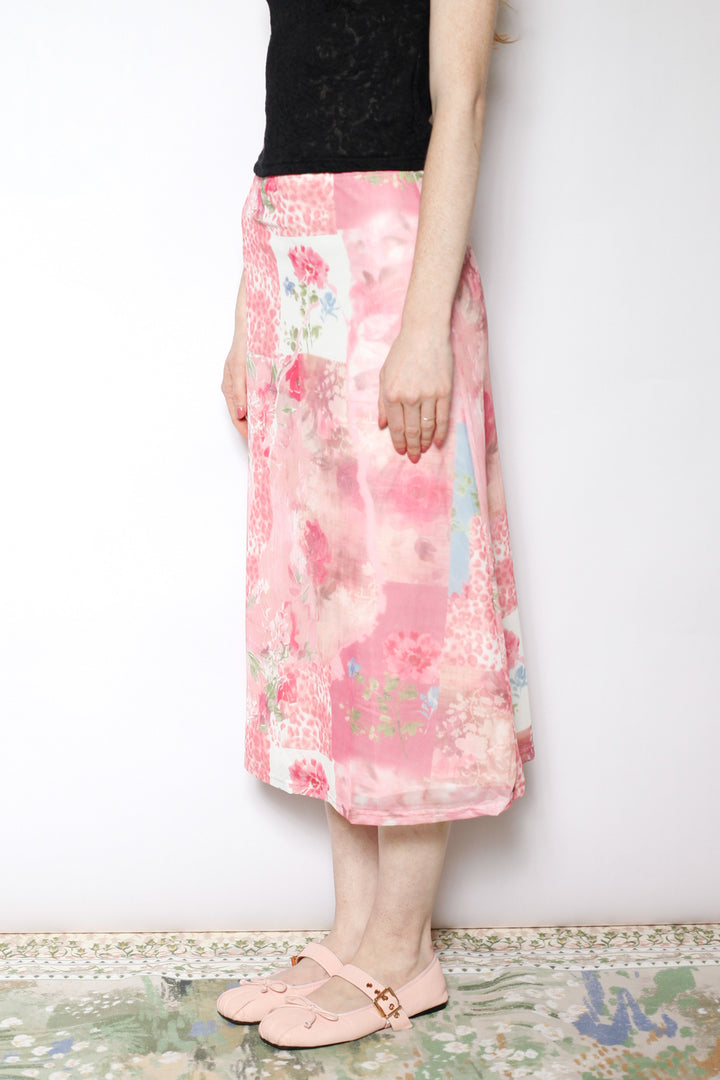 Cotton Mesh Collage Floral Midi Skirt