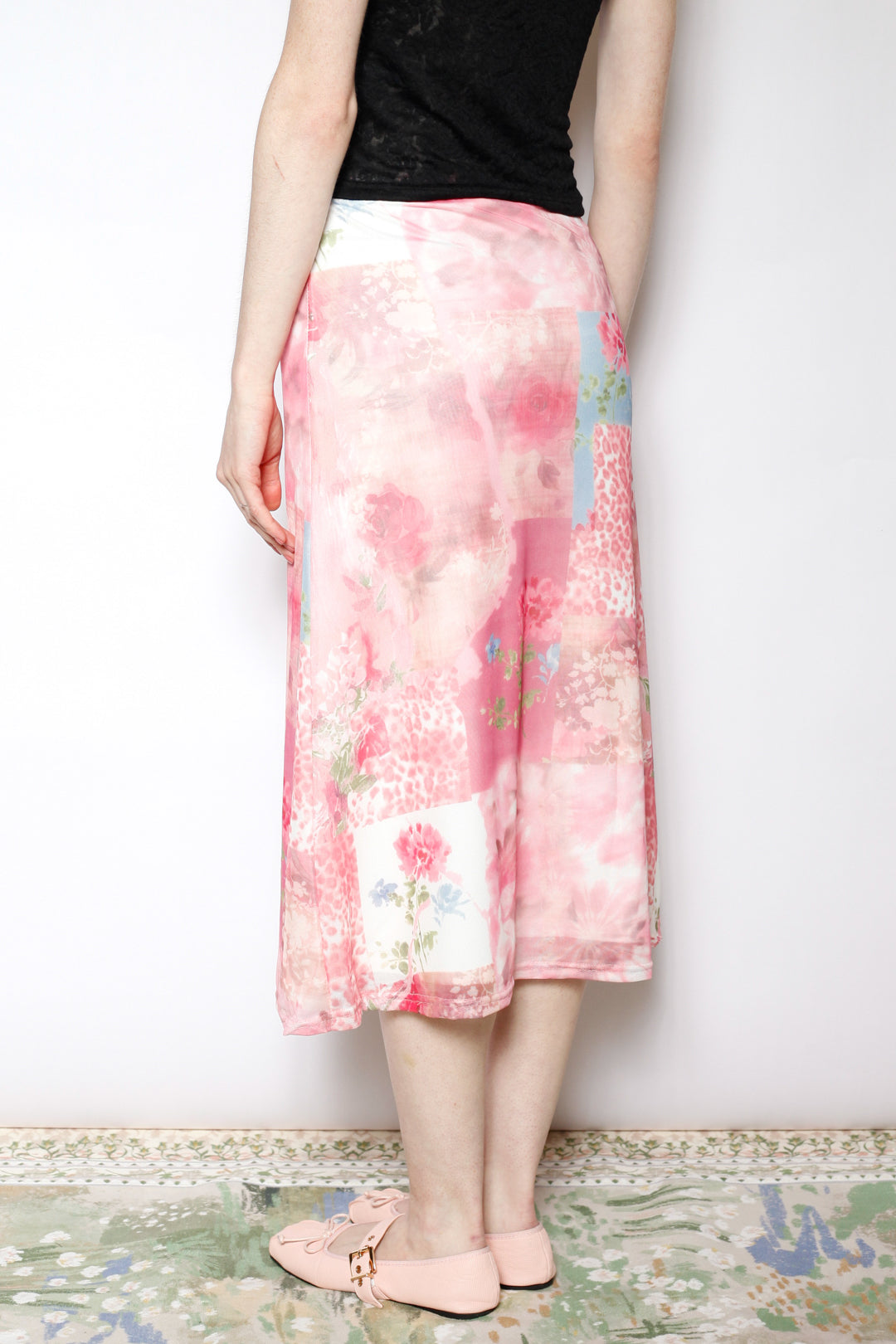 Cotton Mesh Collage Floral Midi Skirt